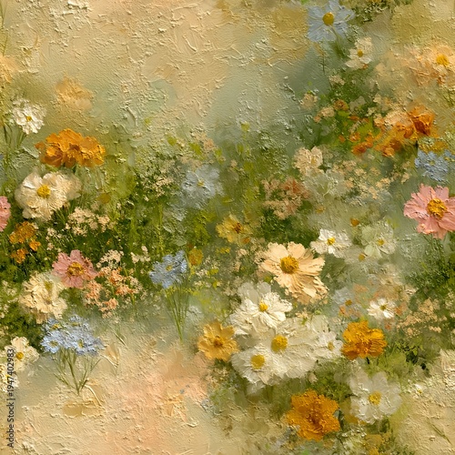 Wildflower meadow wallpaper in pastel sunrise tones with dreamy haze and impressionist impasto oil painting texture for maternity relaxation and wellness backgrounds