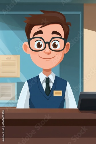 Cartoon man at a desk wearing glasses and a formal uniform smiling