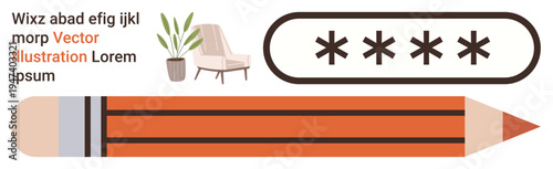 Education, security, password protection, learning tools, creative writing, interior design. Pencil, password field chair and plant. Education and security in a clean layout