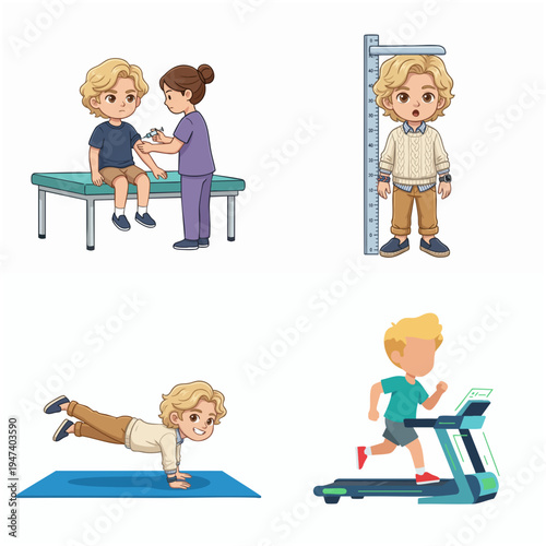 Cartoon Style Detailed Boy Health and Fitness Lifestyle Illustration Set