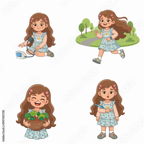 Cute Cartoon Style Adorable Little Girl Character Poses Set Illustration