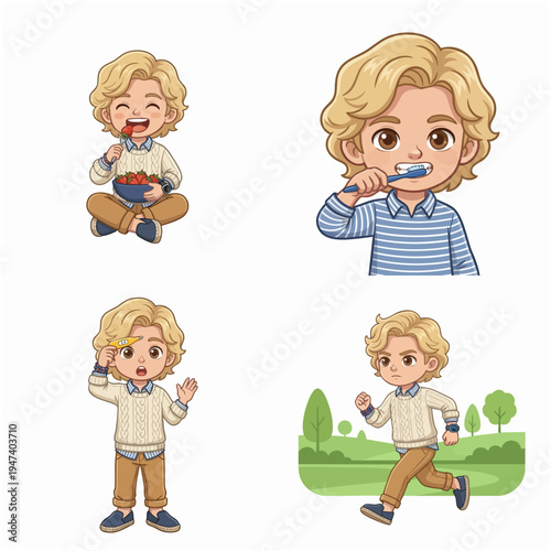 Cute Cartoon Boy Character Doing Daily Activities Flat Design Illustration