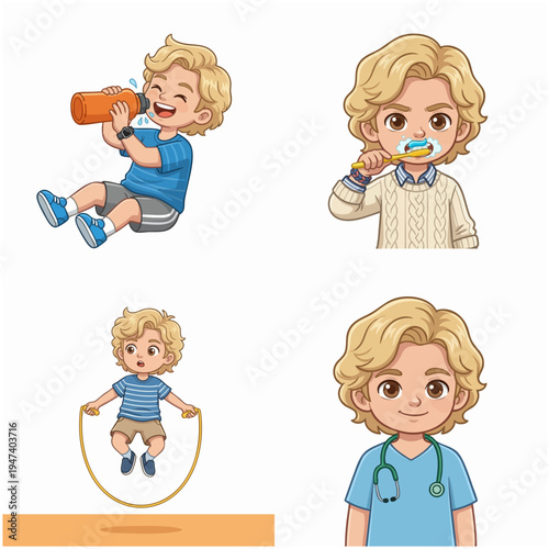 Cute Handdrawn Little Boy Character in Various Actions Illustration Set
