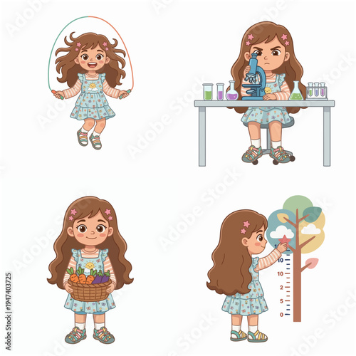 Cartoon Style Happy Girl Doing Various Activities Character Illustration