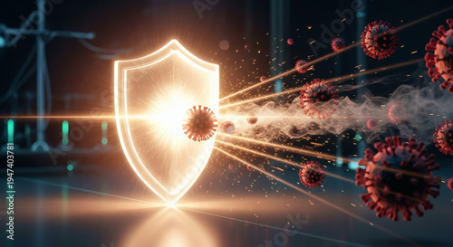Vibrant glowing shield effectively blocking an onslaught of infectious virus cells, illustrating vital health protection and immune system strength against disease threats