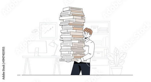 Man carrying a large stack of books in an office environment
