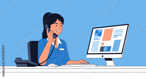 Woman talks on phone at desk with computer screen displaying graphics