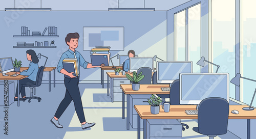 Office workers interact in modern workspace with desks and technology