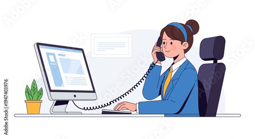 Businesswoman talks on phone at office desk with computer