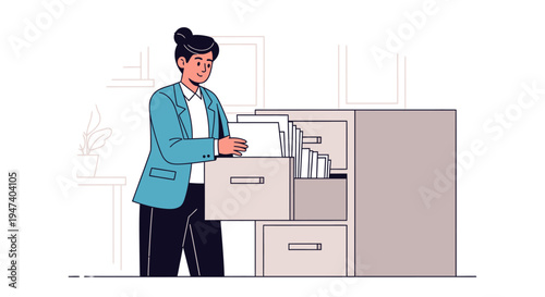 Woman opens office filing cabinet drawer at workplace