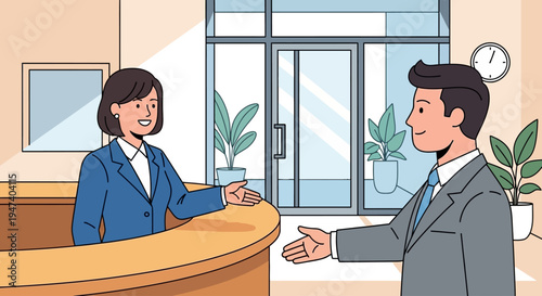 Man in suit talks to receptionist at office lobby desk