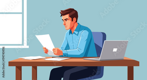 Man sitting at desk working on documents and laptop indoors