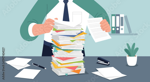 Businessman sorting papers on office desk with files and plant