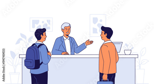 Two men discuss with a receptionist at a counter in office