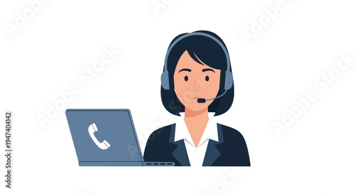 Customer support representative works on laptop with headset on
