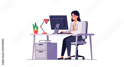 Woman sitting at desk working on laptop in office chair