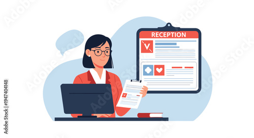 Woman at reception desk checks documents on clipboard with laptop nearby indoors