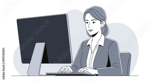 Businesswoman working on computer at office desk with monitor and keyboard