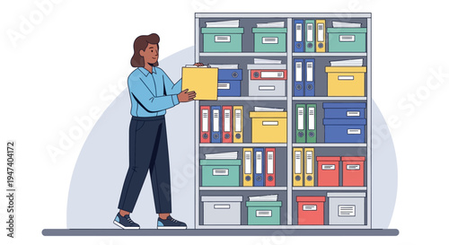 Woman organizing files on office storage shelves in a workplace setting