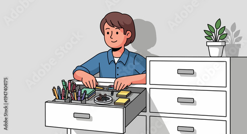 A man works on a stove with tools in a drawer nearby indoors.
