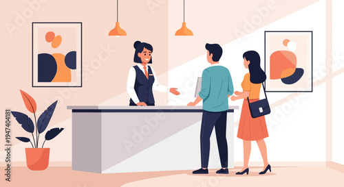 People interact with receptionist at modern reception desk in lobby area indoors