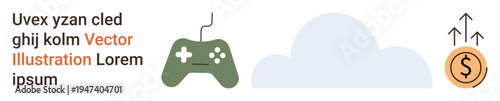 Gaming entertainment, financial growth, online business, tech innovation, digital services, cloud utilization. A game controller, a cloud and a coin with arrows. Gaming entertainment and financial