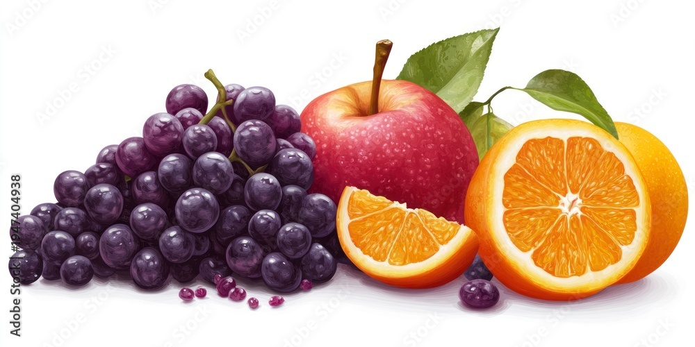 Obraz premium Fresh fruit arrangement with apple grapes and orange slices against white backdrop