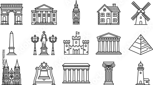 landmarks, monuments, architecture, icons, outline, travel, tourism, historical, buildings, world, heritage, illustration, lineart, set, skyline, famous, culture, destination, symbols, vector
