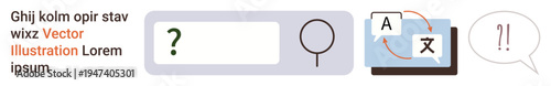 Language learning, translation services, online dictionaries, global communication, text search, educational tools. Features text input box, magnifying glass, language icons and dialog bubble