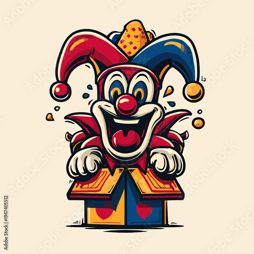 Vibrant cartoon jester character joyfully emerging from a surprise gift box, perfect for celebration and playful event designs, evoking feelings of fun and festive delight