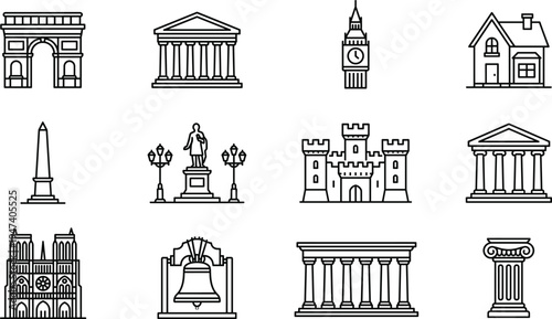 landmarks, architecture, monuments, icons, outline, famous, travel, tourism, historical, buildings, culture, heritage, symbols, illustration, lineart, vector, skyline, destination, world, collection