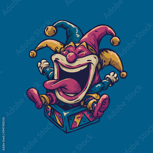 Whimsical Jester's Hilarious Leap from Surprise Box - A burst of cartoon joy and playful mischief, bringing an infectious energy