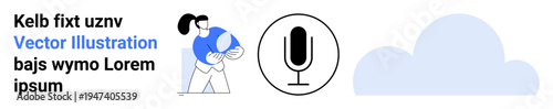 Communication, voice recording, cloud storage, data sharing, digital tools, messaging. Person holding a speech bubble, microphone icon and a cloud. Communication and voice recording concept