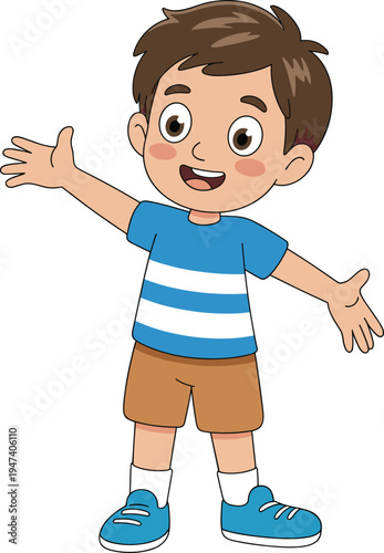Cute happy cartoon boy waving with open arms smiling friendly kid character illustration playful children mascot vector isolated for education kids apps books and stickers