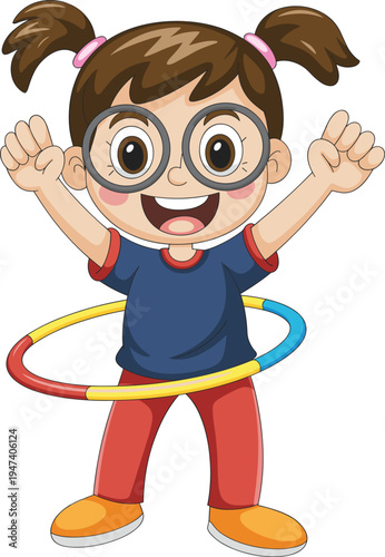 Cute cheerful cartoon girl with big glasses playing colorful hula hoop smiling happy child mascot character for kids fitness fun activity illustration isolated