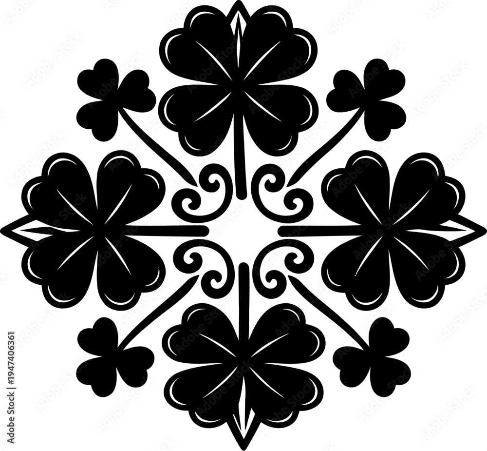 Obraz premium Ornamental Shamrock Clover Mandala Black Vector Illustration