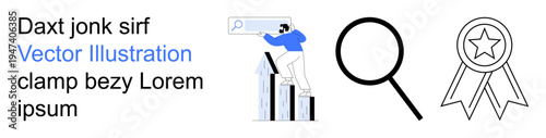 Business growth, search analysis, professional success, achievements, exploration, performance metrics. A person climbing graph bars, a magnifying glass and an award badge. Business growth