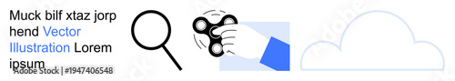 Search functionality, playtime, cloud storage, exploration, user interface, digital tools. Magnifying glass, fidget spinner in hand and cloud symbol. Search functionality and playtime concept