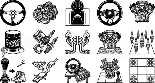Black and white vector art of car wheel steering gearshift exhaust piston spark plug mechanical parts set