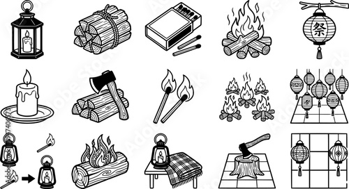 Black and white vector art collection of candle lantern firewood matchstick campfire and hanging paper lantern illustrations