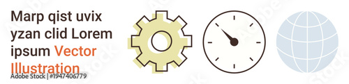 Business strategy, global operations, workflow efficiency, productivity, innovation, industrial design. Gear, clock and globe icons arranged in a row. Workflow efficiency and global operations