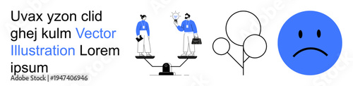 Business balance, decision-making, innovation, emotional well-being, creativity, problem-solving. Two individuals on a balance scale, a thought bubble and a sad face icon. Business balance