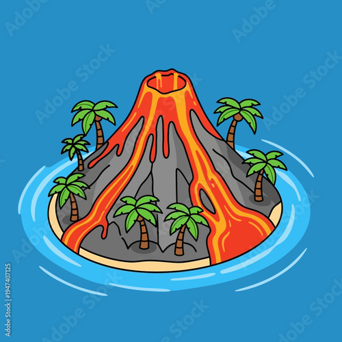 Illustration of a volcanic island with flowing lava, palm trees, and ocean water.