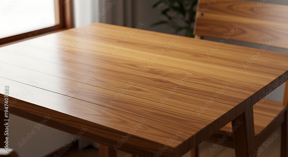 Fototapeta premium Wooden table with a polished surface and a matching chair in a well-lit room.
