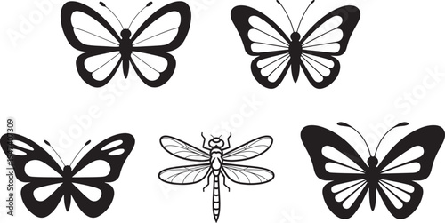 Set of Black Butterfly and Dragonfly Icons