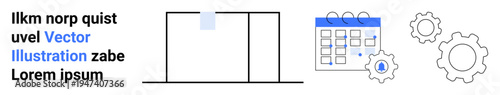 Task planning, workflow automation, scheduling, project management, process optimization, organization. Abstract elements include gears, a calendar and a doorway concept. Scheduling and workflow