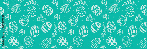 Seamless pattern with white hand drawn easter eggs and spring flowers on turquoise background. A template for a banner with spring holiday greetings. Perfect for wrapping, and spring.