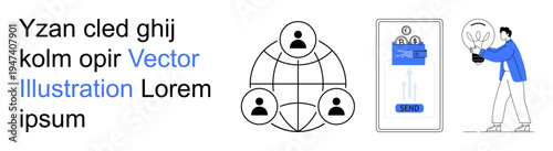 Networking, communication apps, creative solutions, teamwork, innovation, tech advancements. Abstract global user network, smart device interface person holding a bulb. Networking and communication