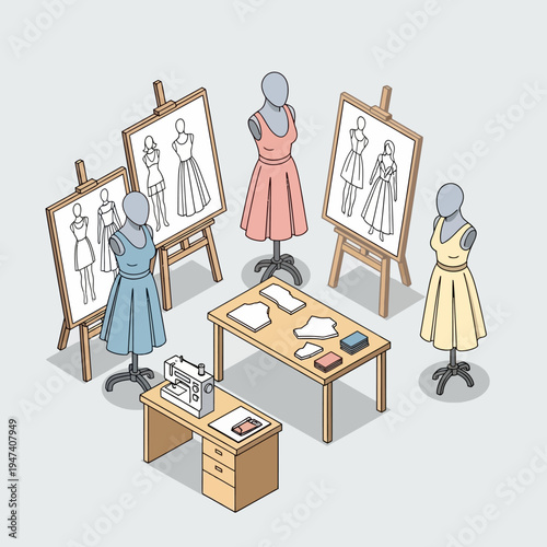 Isometric illustration of a fashion design studio with mannequins, sketches, and sewing equipment.