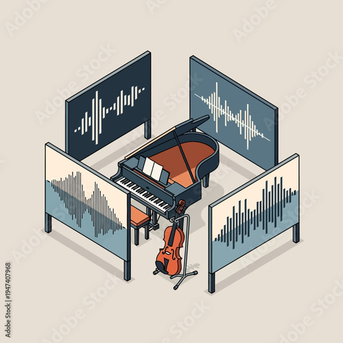 Isometric illustration of a grand piano and violin in a soundproof recording studio.